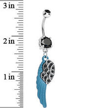 Load image into Gallery viewer, Black Paved Gem On the Blue Wing of an Angel Dangle Belly Ring
