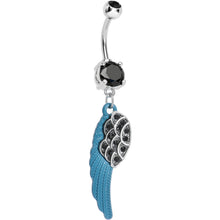 Load image into Gallery viewer, Black Paved Gem On the Blue Wing of an Angel Dangle Belly Ring
