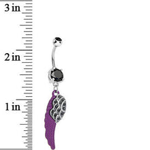 Load image into Gallery viewer, Black Paved Gem On the Purple Wing of an Angel Dangle Belly Ring
