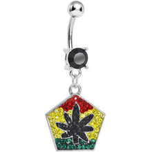 将图片加载到图库查看器，Black Gem Paved Pentagon Rasta Flag Pot Leaf Dangle Belly Ring
