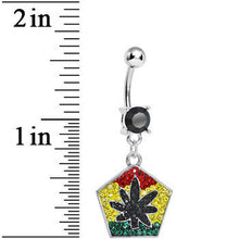 将图片加载到图库查看器，Black Gem Paved Pentagon Rasta Flag Pot Leaf Dangle Belly Ring
