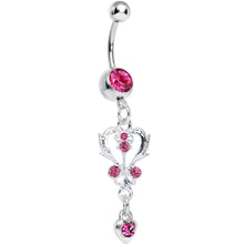 Load image into Gallery viewer, Pink Gem Swirling Vines and Hearts Dangle Belly Ring
