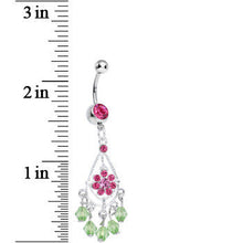 Load image into Gallery viewer, Pink Gem Green Crystal Drops Pink Flower Chandelier Belly Ring
