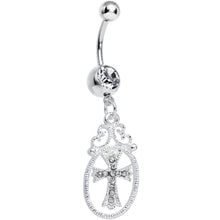 Load image into Gallery viewer, Crystalline Gem Oval Framed Elegant Cross Dangle Belly Ring
