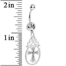 Load image into Gallery viewer, Crystalline Gem Oval Framed Elegant Cross Dangle Belly Ring
