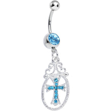 将图片加载到图库查看器，Aqua Gem Oval Framed Elegant Cross Dangle Belly Ring

