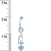 Load image into Gallery viewer, Aqua Gem Glitter Cross and Heart Dangle Belly Ring

