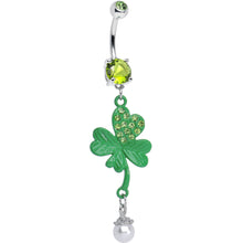 Load image into Gallery viewer, Green Gem Faux Pearl Sparkling Four Leaf Clover Dangle Belly Ring
