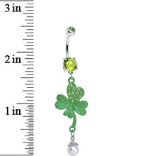 Load image into Gallery viewer, Green Gem Faux Pearl Sparkling Four Leaf Clover Dangle Belly Ring
