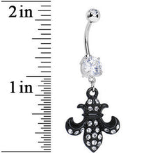 Load image into Gallery viewer, Crystalline Gem Jet Black Flipped Fleur de Lis Dangle Belly Ring
