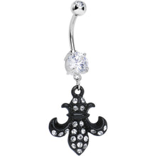 Load image into Gallery viewer, Crystalline Gem Jet Black Flipped Fleur de Lis Dangle Belly Ring
