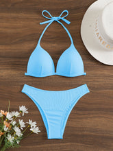 将图片加载到图库查看器，Bikini Rib Knit Solid Color Triangle 2 Piece Swimsuit for Women – Adjustable Tie Back Halter Bikini Set with Spaghetti Straps – High Stretch Polyester Swimwear for Summer Beachwear Poolside Relaxation and Tropical Vacation
