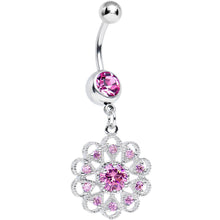 Load image into Gallery viewer, Pink CZ Round Crystal Flower Dangle Belly Ring
