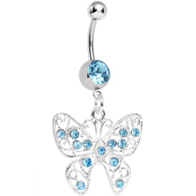 Load image into Gallery viewer, Aqua Gem Fancy Filigree Butterfly Belly Ring

