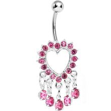 Load image into Gallery viewer, Pink Gem Super Sparkle Drops and Hollow Heart Dangle Belly Ring
