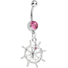将图片加载到图库查看器，Pink Gem Captain Take the Wheel and Anchor Dangle Belly Ring

