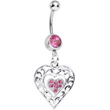Load image into Gallery viewer, Pink Gem Layered Love Dual Heart Dangle Belly Ring
