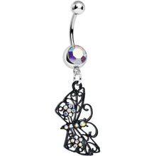 Load image into Gallery viewer, Aurora Gem Floral Wings Black Butterfly Dangle Belly Ring
