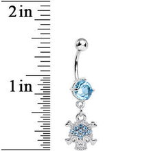 Load image into Gallery viewer, Aqua Gem Crystal Pirate Skull and Crossbones Dangle Belly Ring
