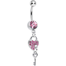 将图片加载到图库查看器，Pink Crystal Unlocking Love Padlock and Key Dangle Belly Ring
