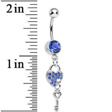 将图片加载到图库查看器，Blue Crystal Unlocking Love Padlock and Key Dangle Belly Ring
