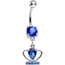Load image into Gallery viewer, Blue Cubic Zirconia Coronation Day Crown Dangle Belly Ring
