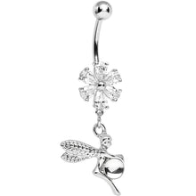 Load image into Gallery viewer, Clear CZ Flower Topped Orb and Fairy Dangle Belly Ring
