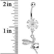 Load image into Gallery viewer, Clear CZ Flower Topped Orb and Fairy Dangle Belly Ring
