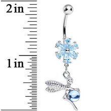Load image into Gallery viewer, Aqua CZ Flower Topped Orb and Fairy Dangle Belly Ring
