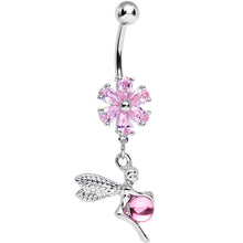 Load image into Gallery viewer, Pink CZ Flower Topped Orb and Fairy Dangle Belly Ring
