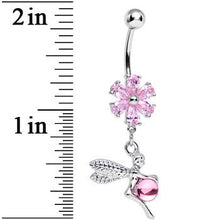 Load image into Gallery viewer, Pink CZ Flower Topped Orb and Fairy Dangle Belly Ring
