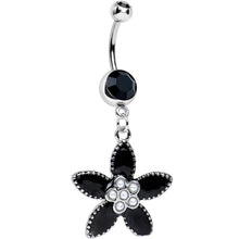 Load image into Gallery viewer, Black CZ Pearly Center Velvet Leaf Flower Dangle Belly Ring
