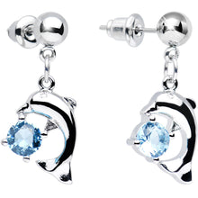 Load image into Gallery viewer, Aqua Cubic Zirconia Curious Curled Dolphin Dangle Post Earrings
