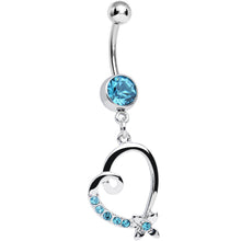 Load image into Gallery viewer, Aqua Crystal Flower and Twisting Heart Dangle Belly Ring
