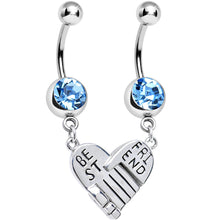 Load image into Gallery viewer, Aqua Gem Holding Hands Best Friend Heart Dangle Belly Ring Set
