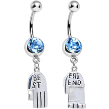 Load image into Gallery viewer, Aqua Gem Holding Hands Best Friend Heart Dangle Belly Ring Set
