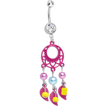 Load image into Gallery viewer, Clear Double CZ Pearly Feathers Pink Dreamcatcher Dangle Belly Ring
