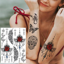 Load image into Gallery viewer, 53 Sheets Black Lace Temporary Tattoos Sticker Butterfly Flower Fake Tatoo Sticker Sexy  Black Henna Temporary Tattoos For Women
