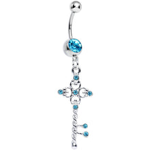 Load image into Gallery viewer, Aqua Gem Sparkling Twisted Key Dangle Belly Ring
