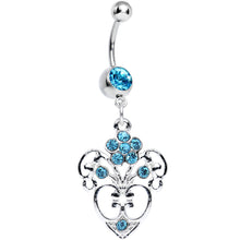 Load image into Gallery viewer, Aqua Gem Flowering Heart Dangle Belly Ring
