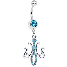 将图片加载到图库查看器，Aqua Gem Magnifique Fleur de Lis Dangle Belly Ring

