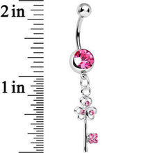 Load image into Gallery viewer, Pink Gem Unlock Your Luck Clover Heart Key Dangle Belly Ring
