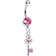 Load image into Gallery viewer, Pink Gem Unlock Your Luck Clover Heart Key Dangle Belly Ring
