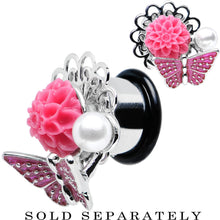 Load image into Gallery viewer, 1/2 Pink Acrylic Flower Pink Butterfly Single Flare Steel Plug
