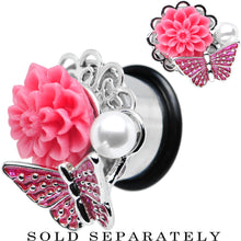 Load image into Gallery viewer, 9/16 Pink Acrylic Flower Pink Butterfly Single Flare Steel Plug
