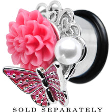Load image into Gallery viewer, 9/16 Pink Acrylic Flower Pink Butterfly Single Flare Steel Plug

