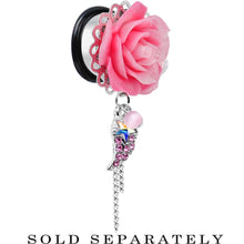 Load image into Gallery viewer, Pink Gem Angel Wing and Pink Rose Flower Single Flare Dangle Plug Sizes 0G to 16mm
