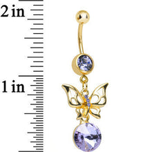 Load image into Gallery viewer, Purple Gem Gold Titanium Round Droplet and Butterfly Dangle Belly Ring

