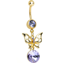 Load image into Gallery viewer, Purple Gem Gold Titanium Round Droplet and Butterfly Dangle Belly Ring
