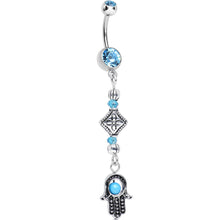 Load image into Gallery viewer, Aqua Gem Blue Crystal Beads Embellished Hamsa Dangle Belly Ring
